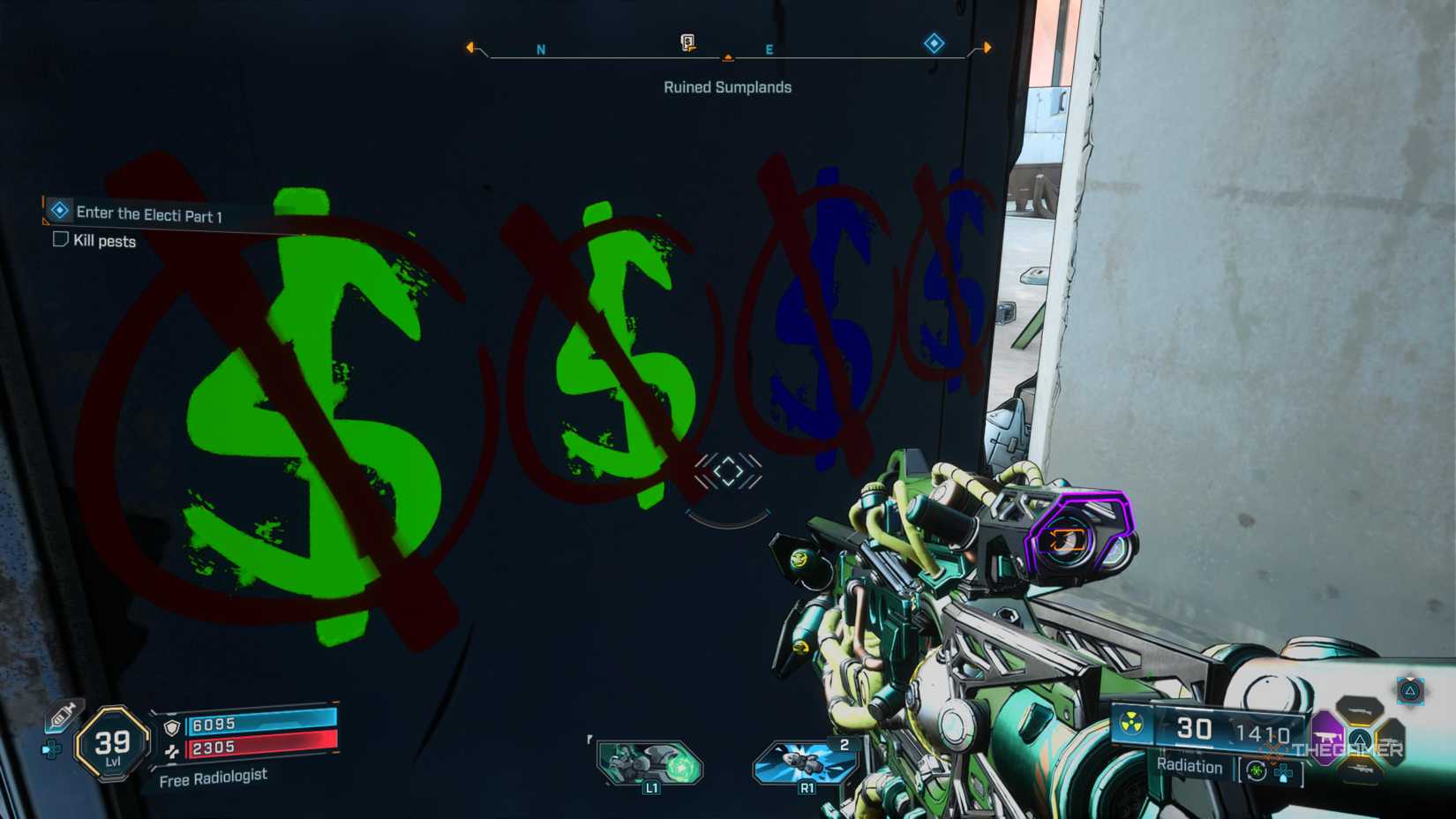 green and blue dollar signs, crossed out, are painted on the back of a vending machine in borderlands 4.