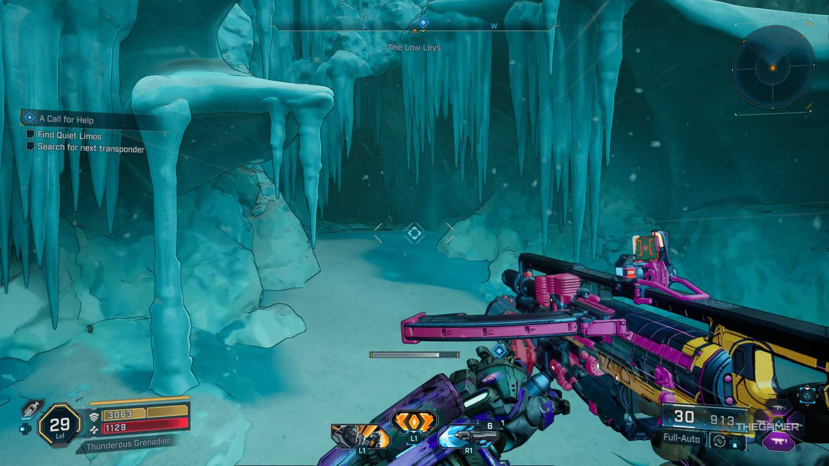 Amon entering an icy cave beneath a frozen waterfall to find another transponder in Borderlands 4.