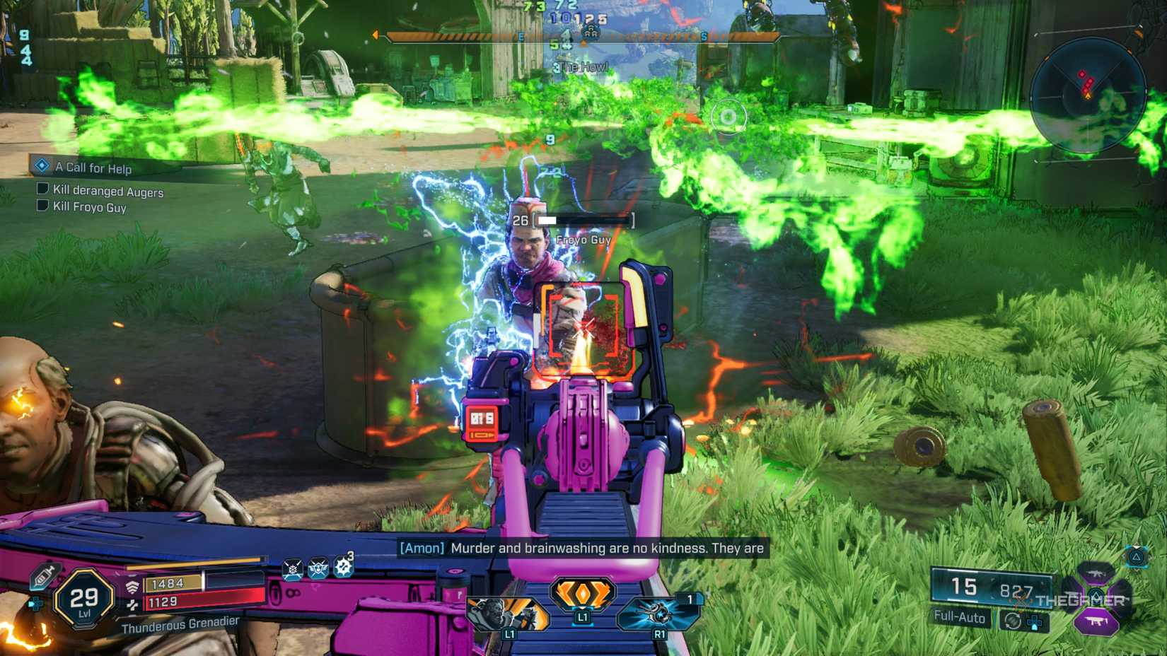 Amon firing at Froyo Guy while a grenade goes off in the background in Borderlands 4.