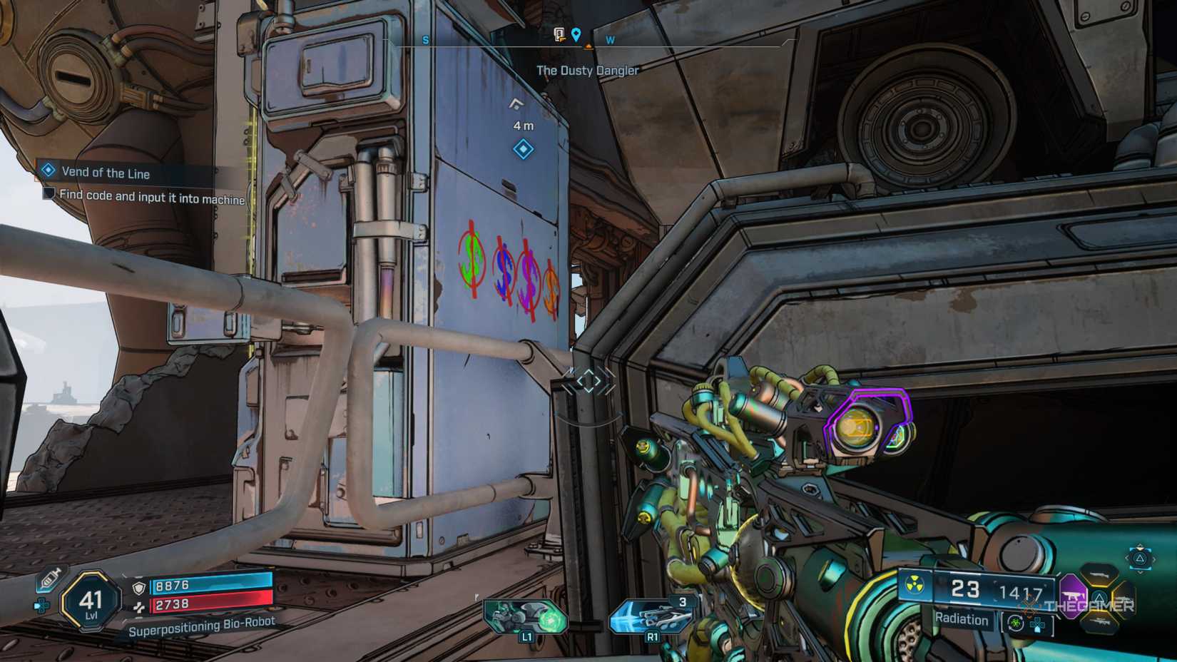 green, blue, purple, and orange dollar signs, crossed out, are painted on the back of a vending machine in borderlands 4.