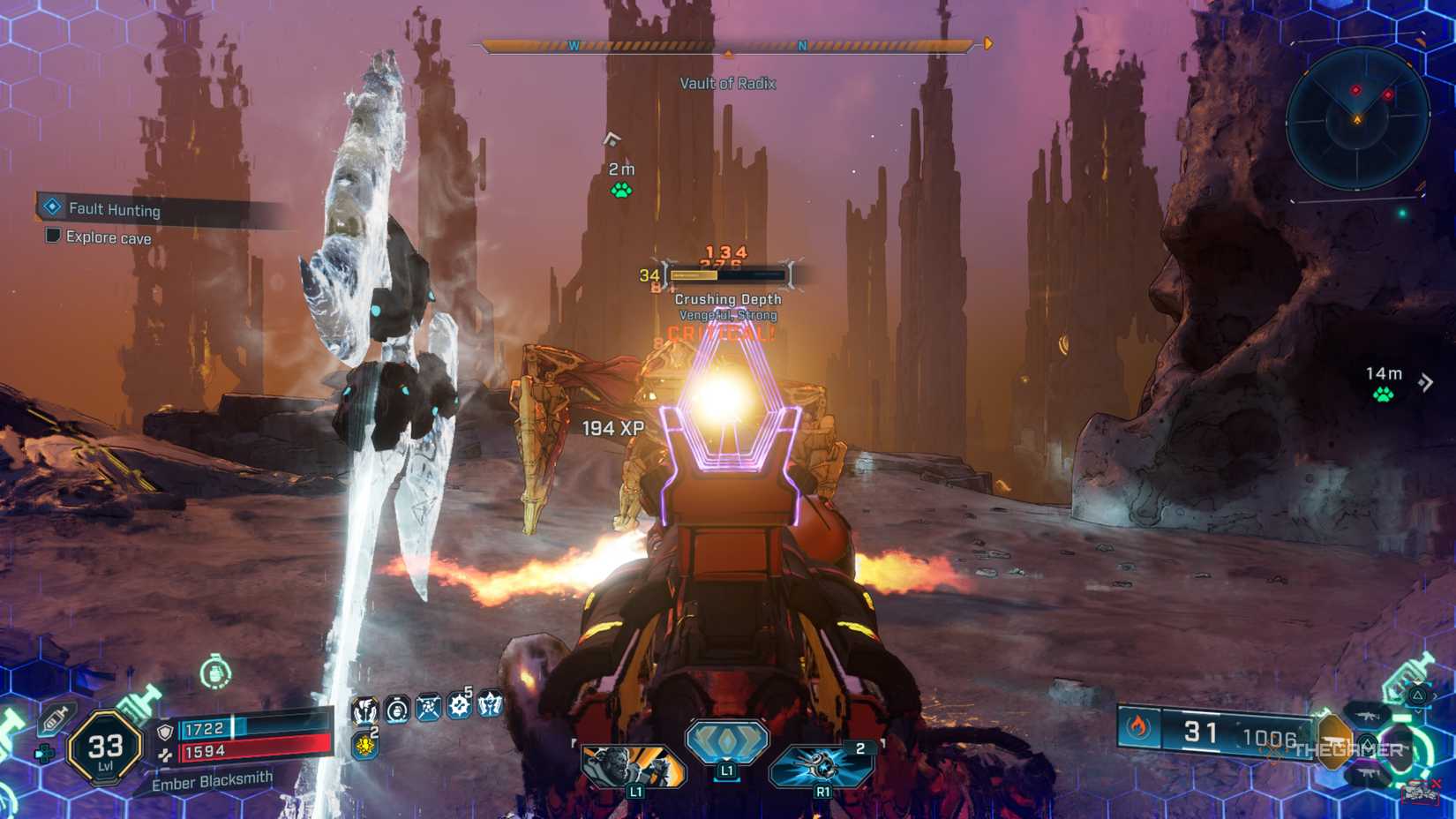 Amon shooting at Crushing Depth, a mini boss, while a forgedrone floats toward it in Borderlands 4.