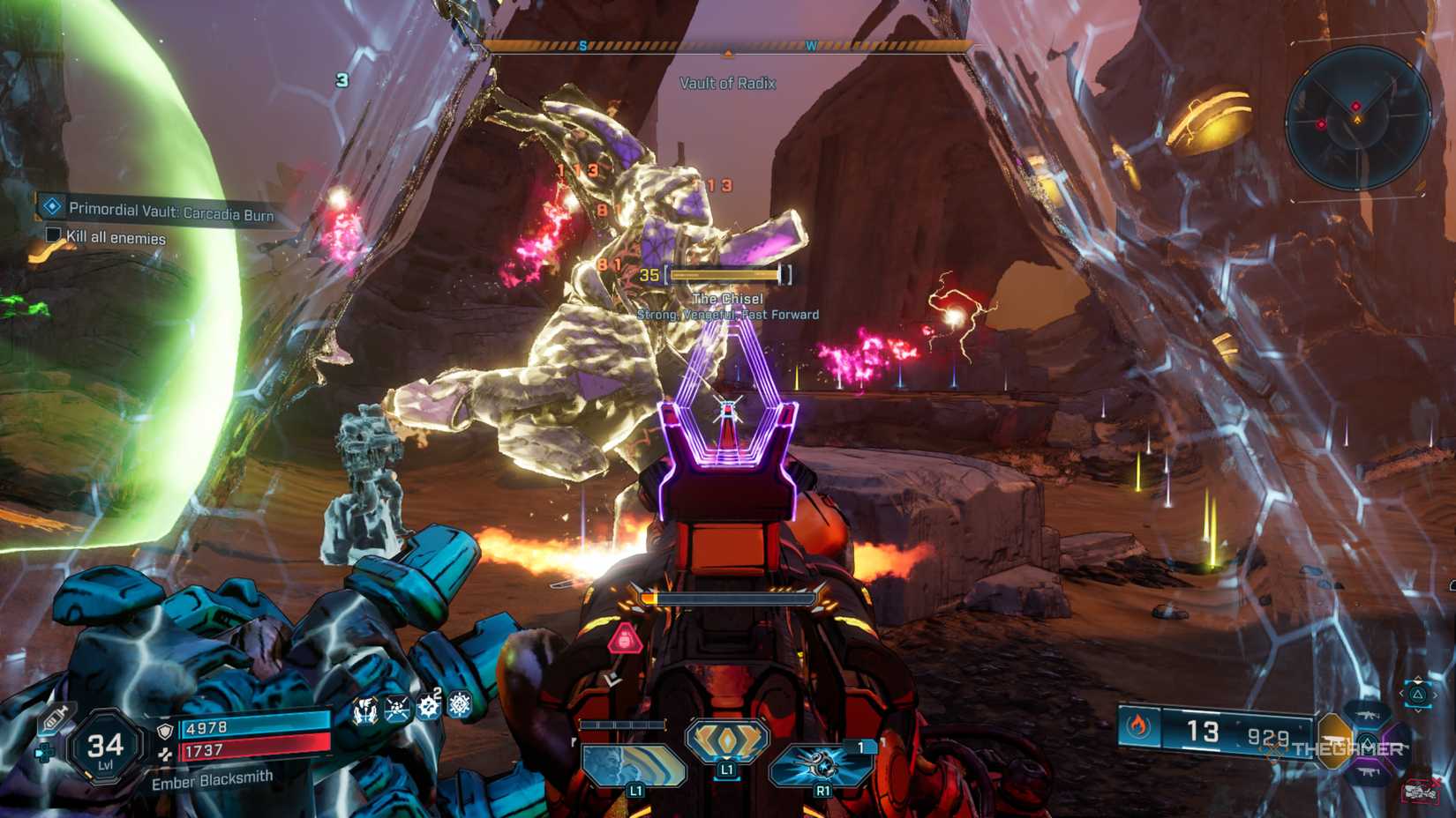 Amon holding up his Vengeance shield while firing at The Chisel, who leaps at him, in Borderlands 4.
