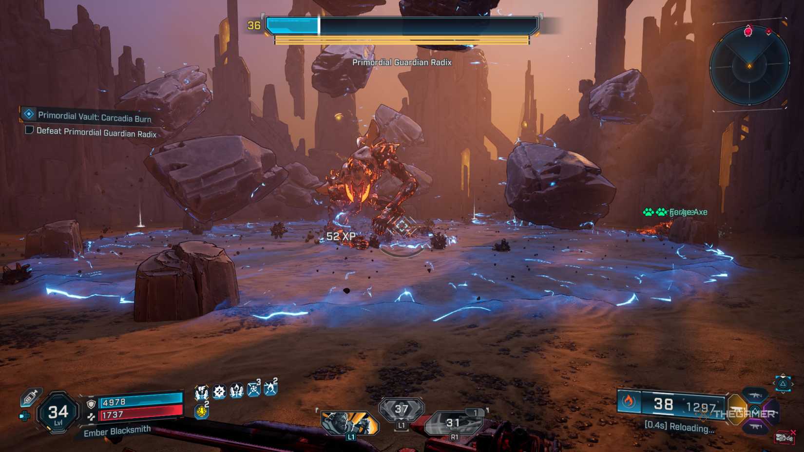 Amon jumping while Radix slams its fists on the ground to create waves of Shock energy in Borderlands 4.