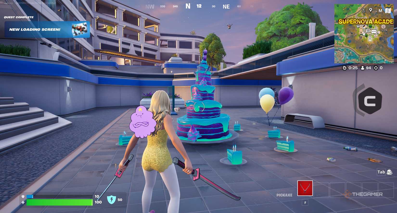 Sabrina Carpenter looking at a cake in Fortnite.