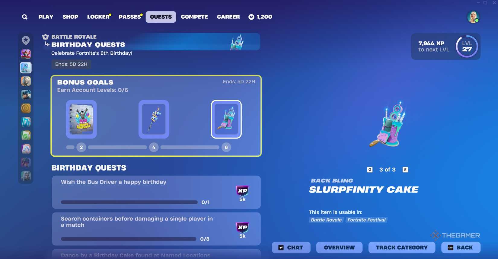 Reward screen showing Birthday Quest rewards in Fortnite.