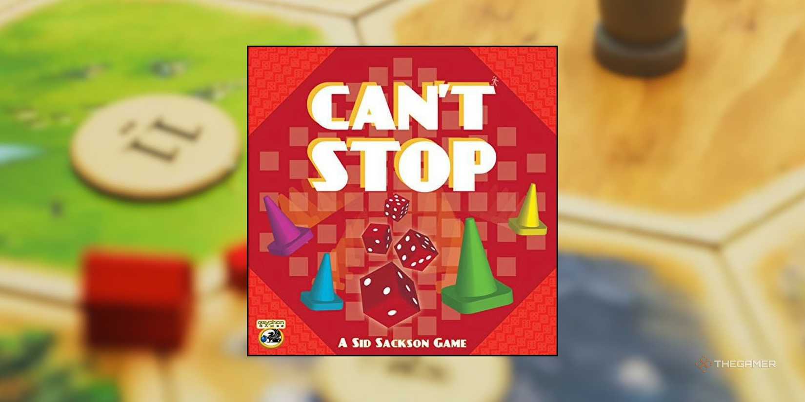 Can't Stop in front of a blurred image of a Catan board.