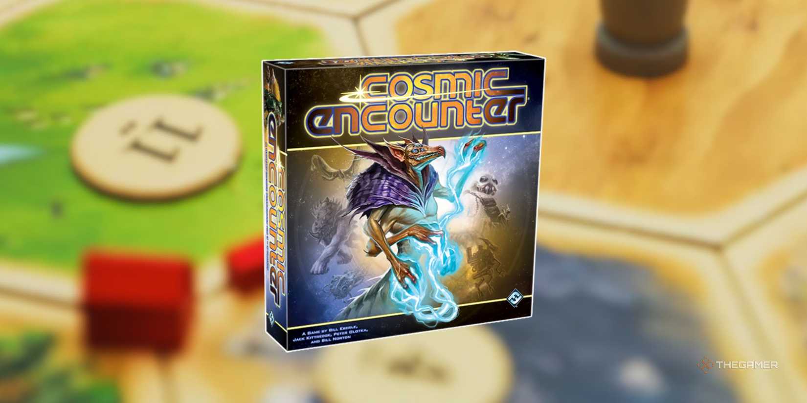 Cosmic Encounter in front of a blurred image of a Catan board.