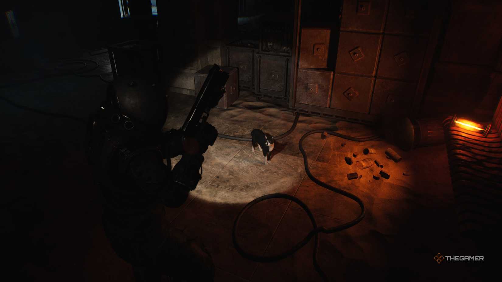 The Traveler looking at a cat in dark room next to some boxes in Cronos: The New Dawn.