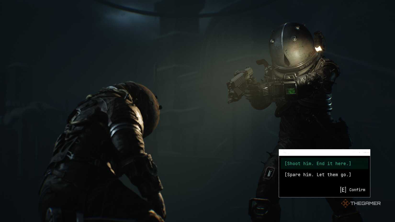 The Traveler aiming at The Pathfinder and a window with two options to select in Cronos: The New Dawn.