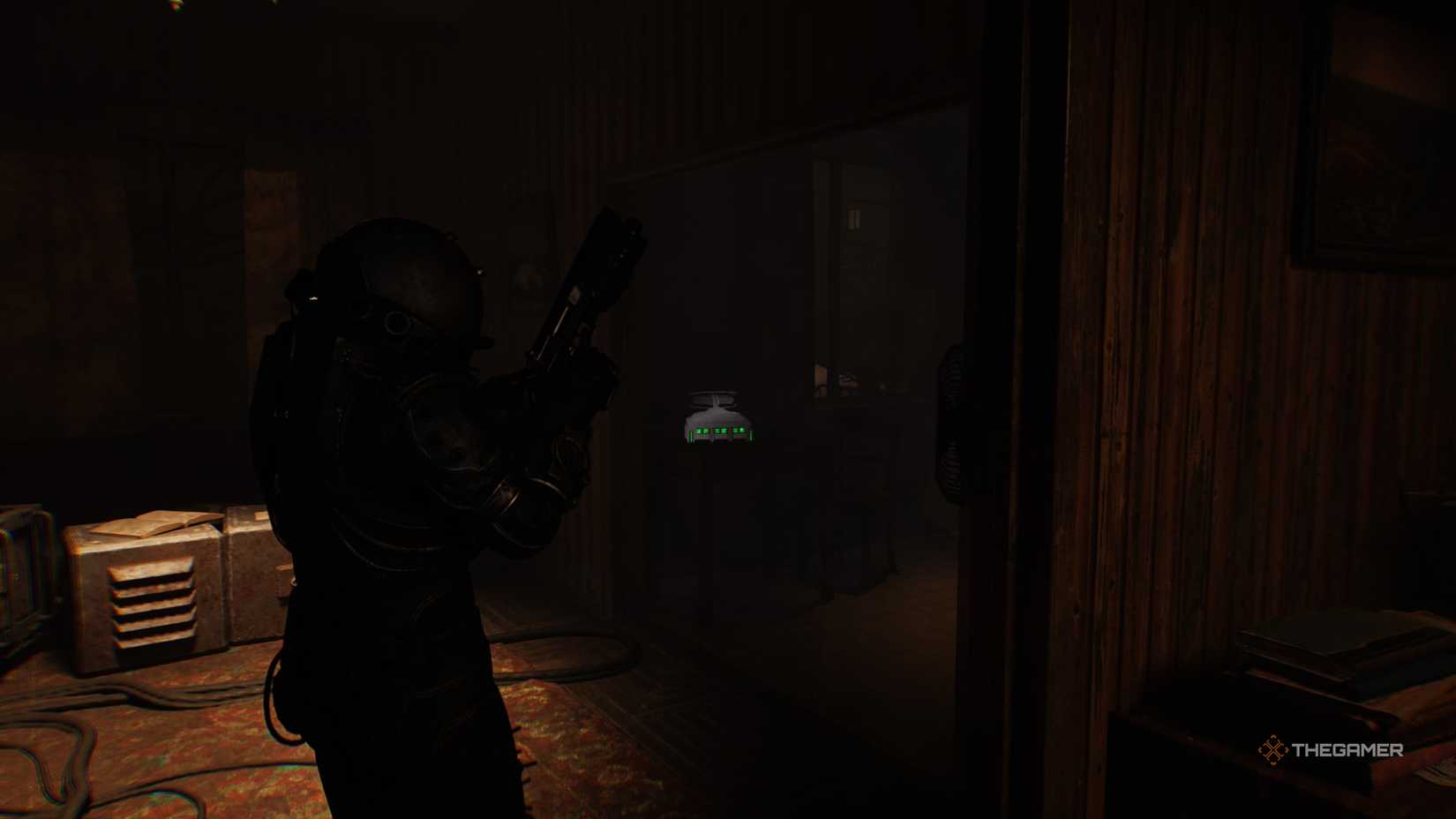 The Traveler looking at a travelog through the dark in Cronos: The New Dawn.