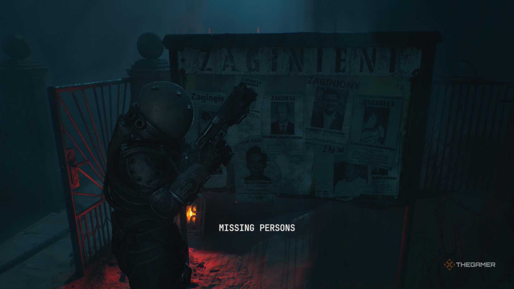 The Traveler standing in front of a missing persons sign in Cronos: The New Dawn.