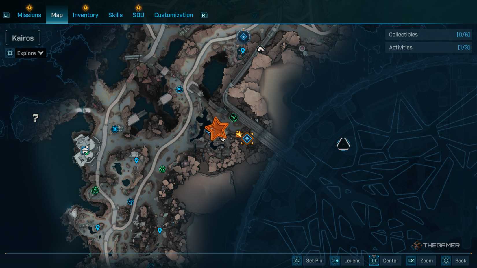 Close up of a map of the southern part of Carcadia Burns with an orange star edited onto the ravine entrance in Borderlands 4.