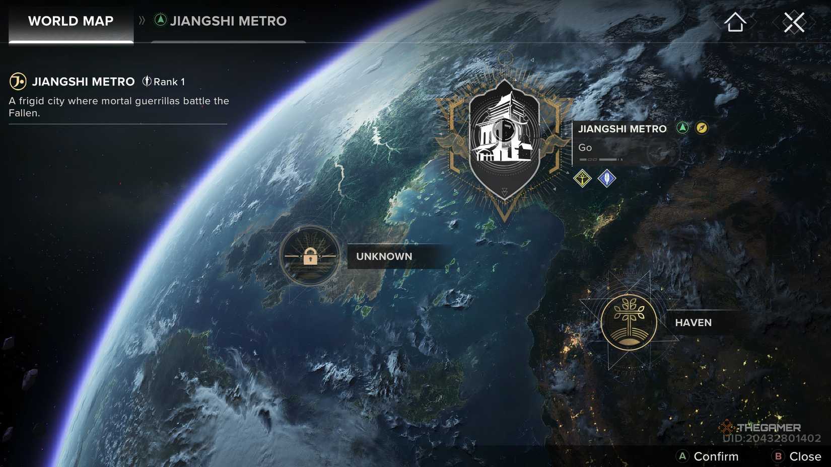 The world map of Destiny: Rising with the location of Jangshi Metro selected at the top. 