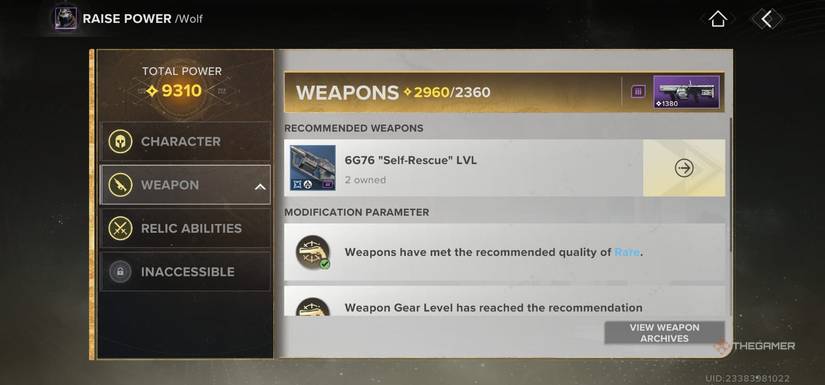The Total Power screen showing a character's Power Level in Destiny: Rising.