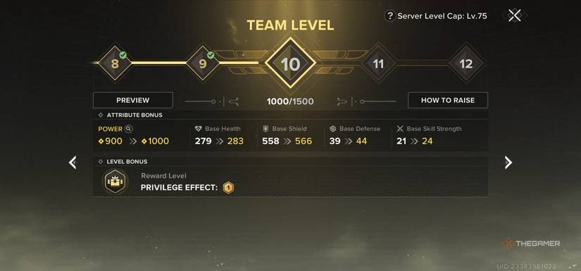 The Team Level menu with the current level and attribute bonus in Destiny: Rising.