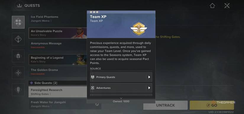The screen of Team XP explaining what it is and how to obtain it in Destiny: Rising.