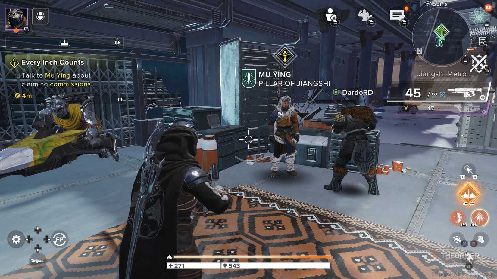 The player in Destiny: Rising looking at the vendor that gives out Reputation awards. There are other players interacting with the vendor.