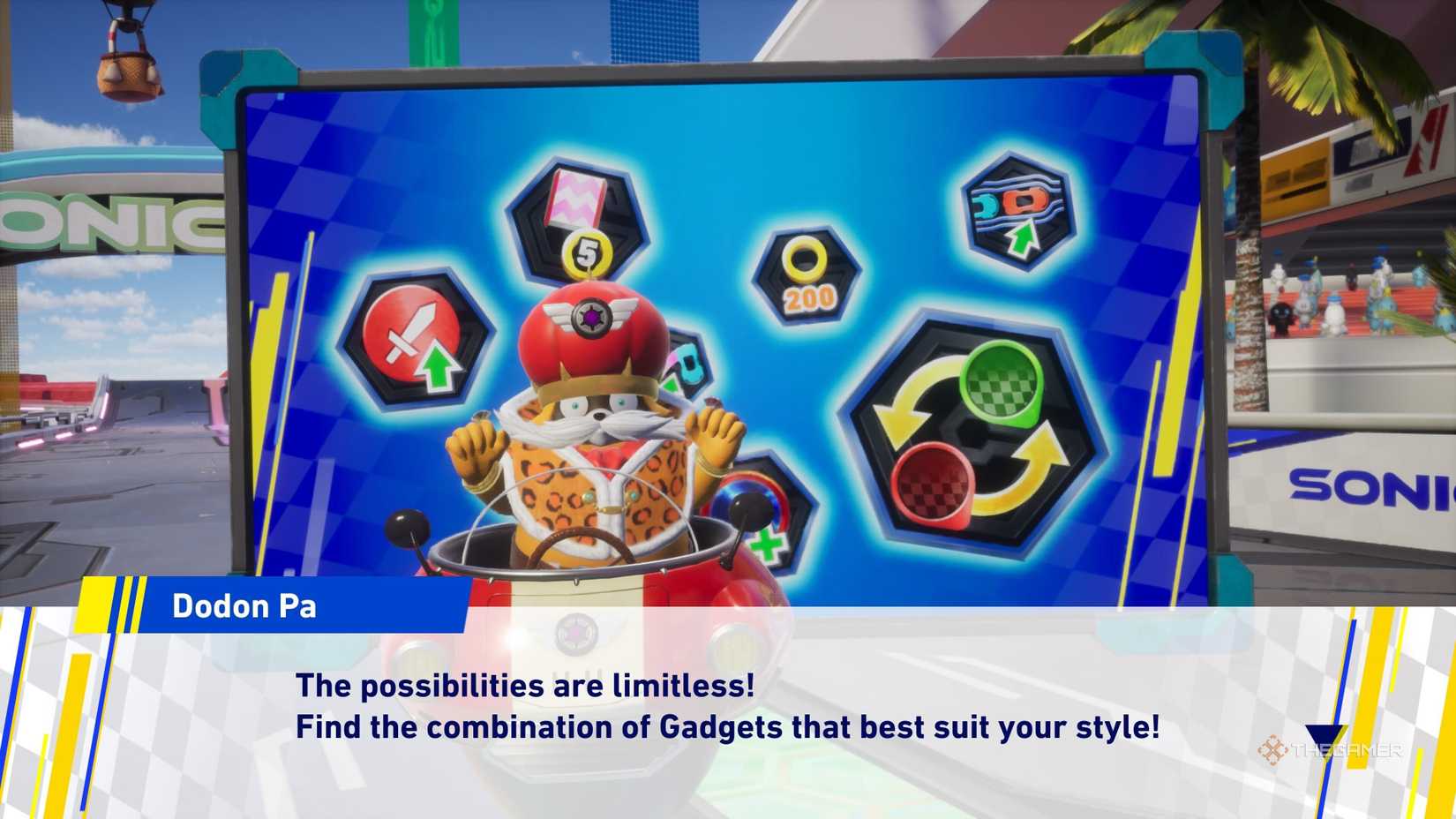 Dodon Pa talking about Gadgets in Sonic Racing CrossWorlds.
