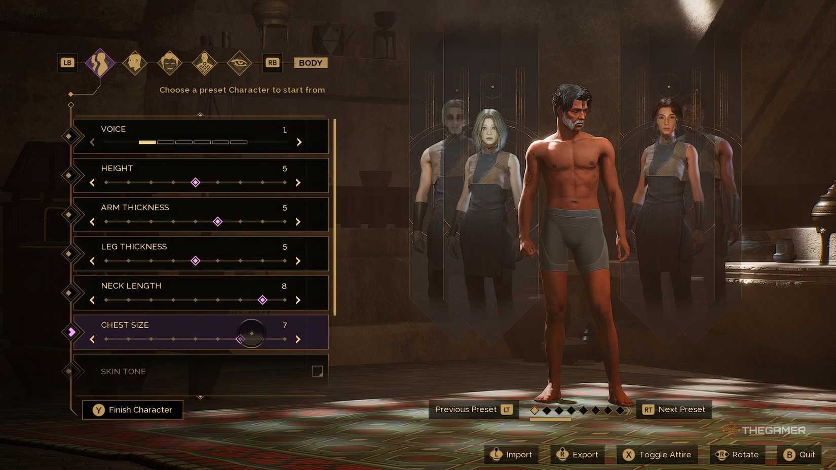 The player selecting presets for their character in Dune: Awakening. 