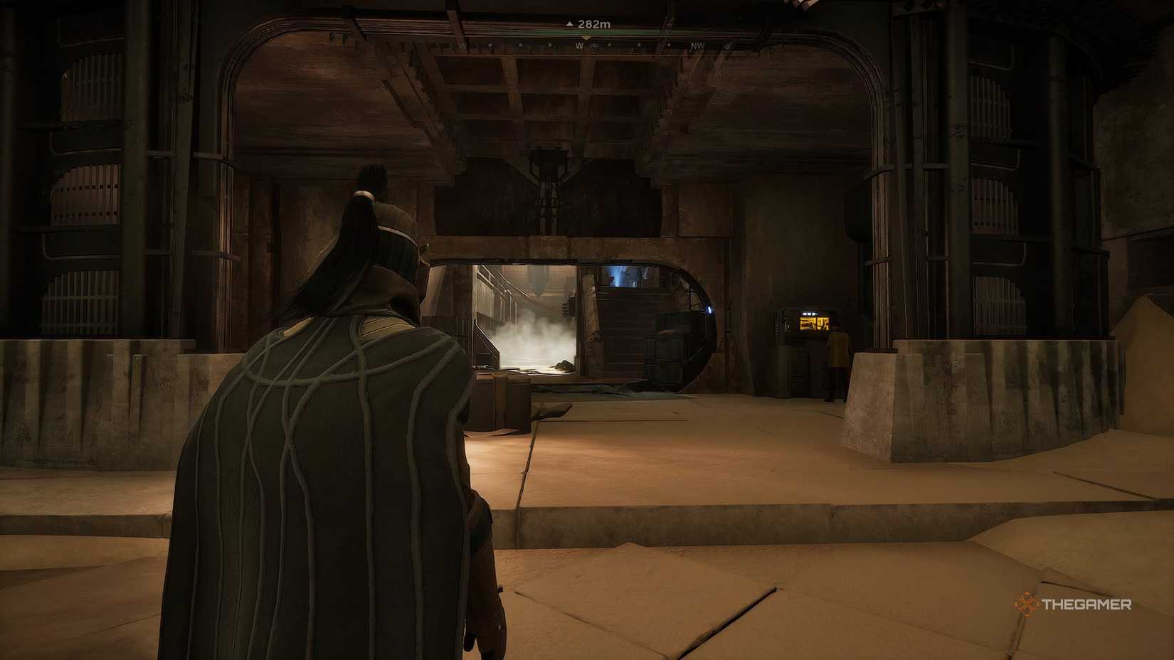 The player in Dune: Awakening looking at stairs that will take them to the clinic. 