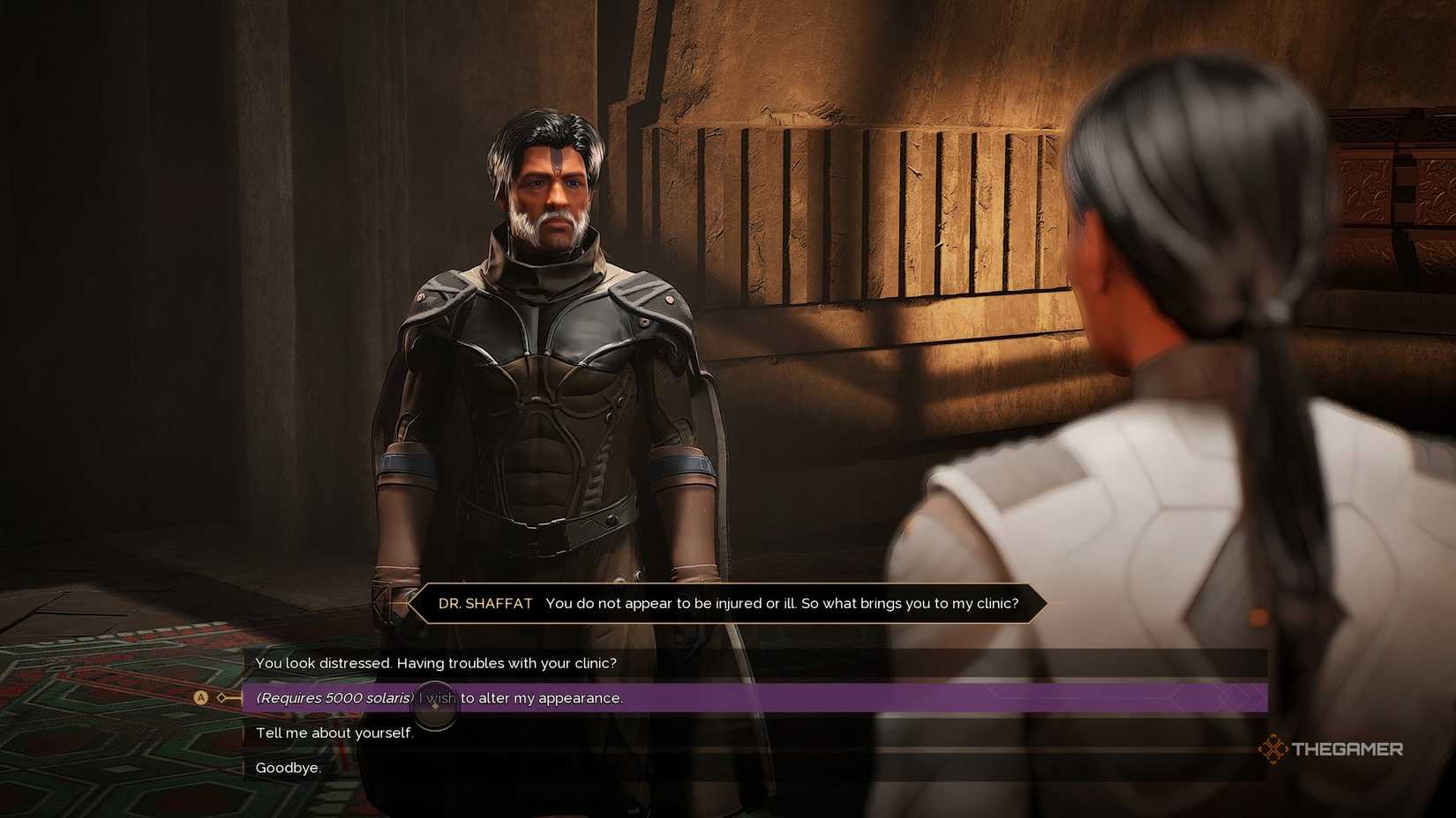 The player in Dune: Awakening interacting with Dr. Shaffat. There are four dialoge options listed below with the option to change to character's appearence selected.