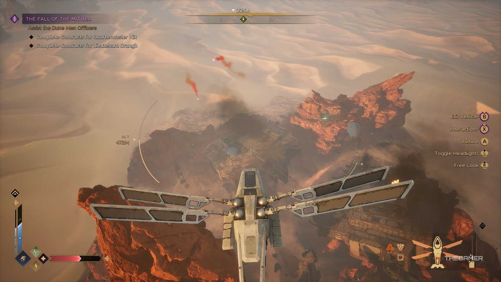 The player flying over the wreckage of the Mithra in their Ornithopter in Dune: Awakening.