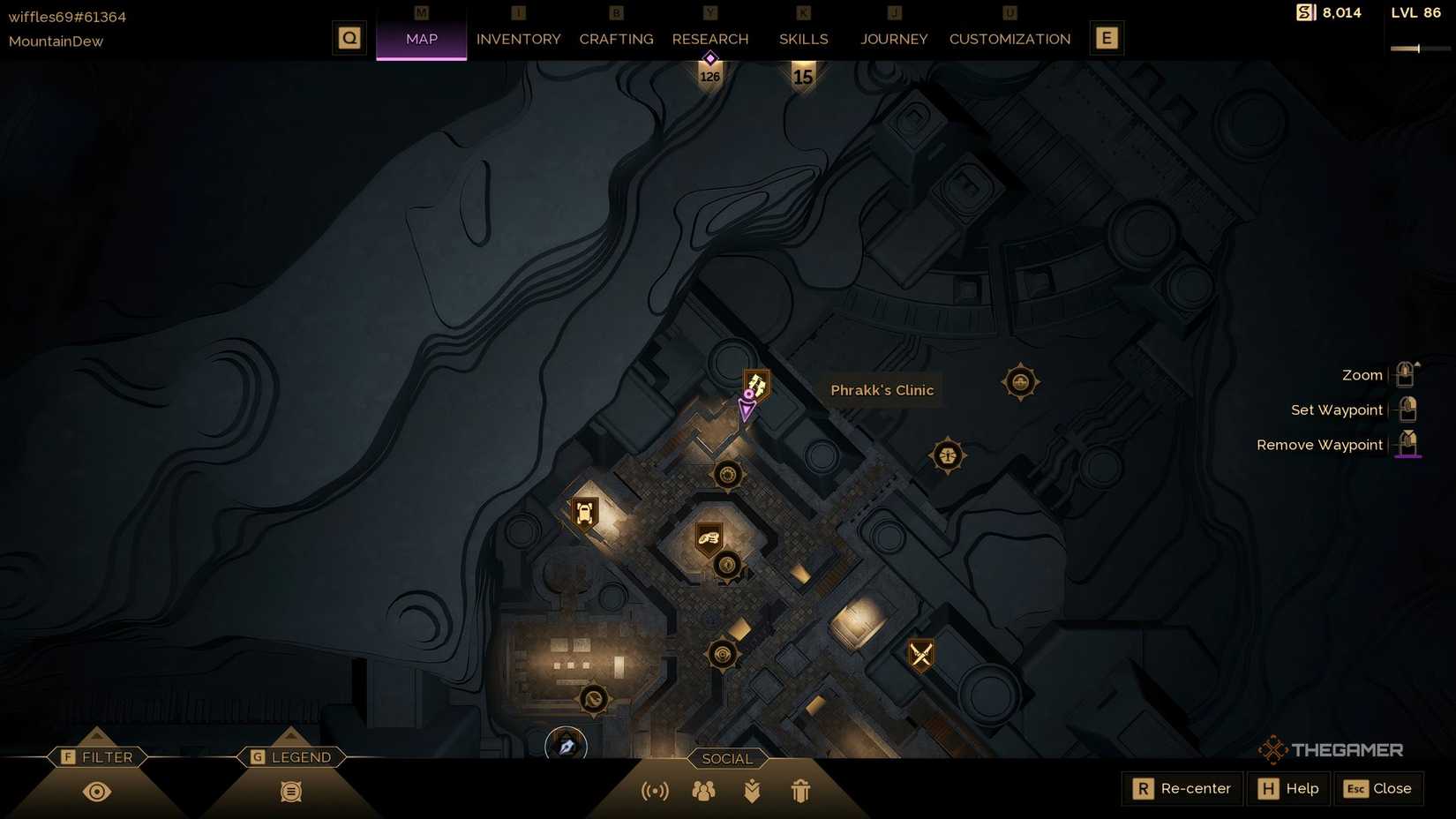 The location of Phrakk's Clinic highlighted in Harko Village in Dune: Awakening. 