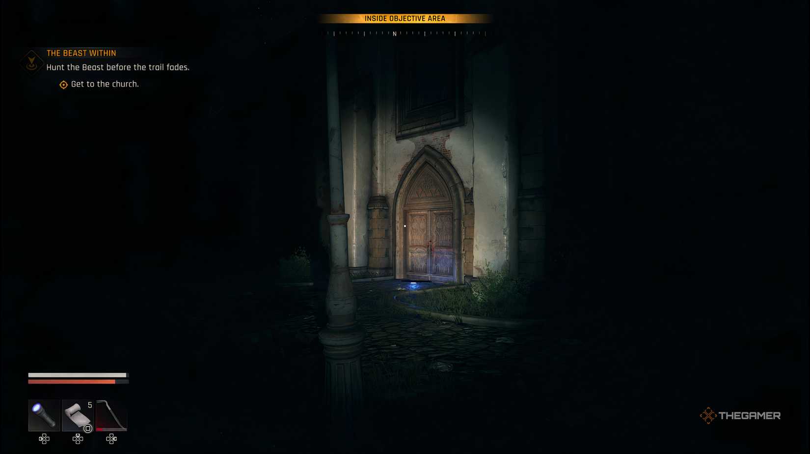 The player using a light to show where the churche's entrance is in Dying Light: The Beast. There is a UV glow stick on the ground infront of it. 