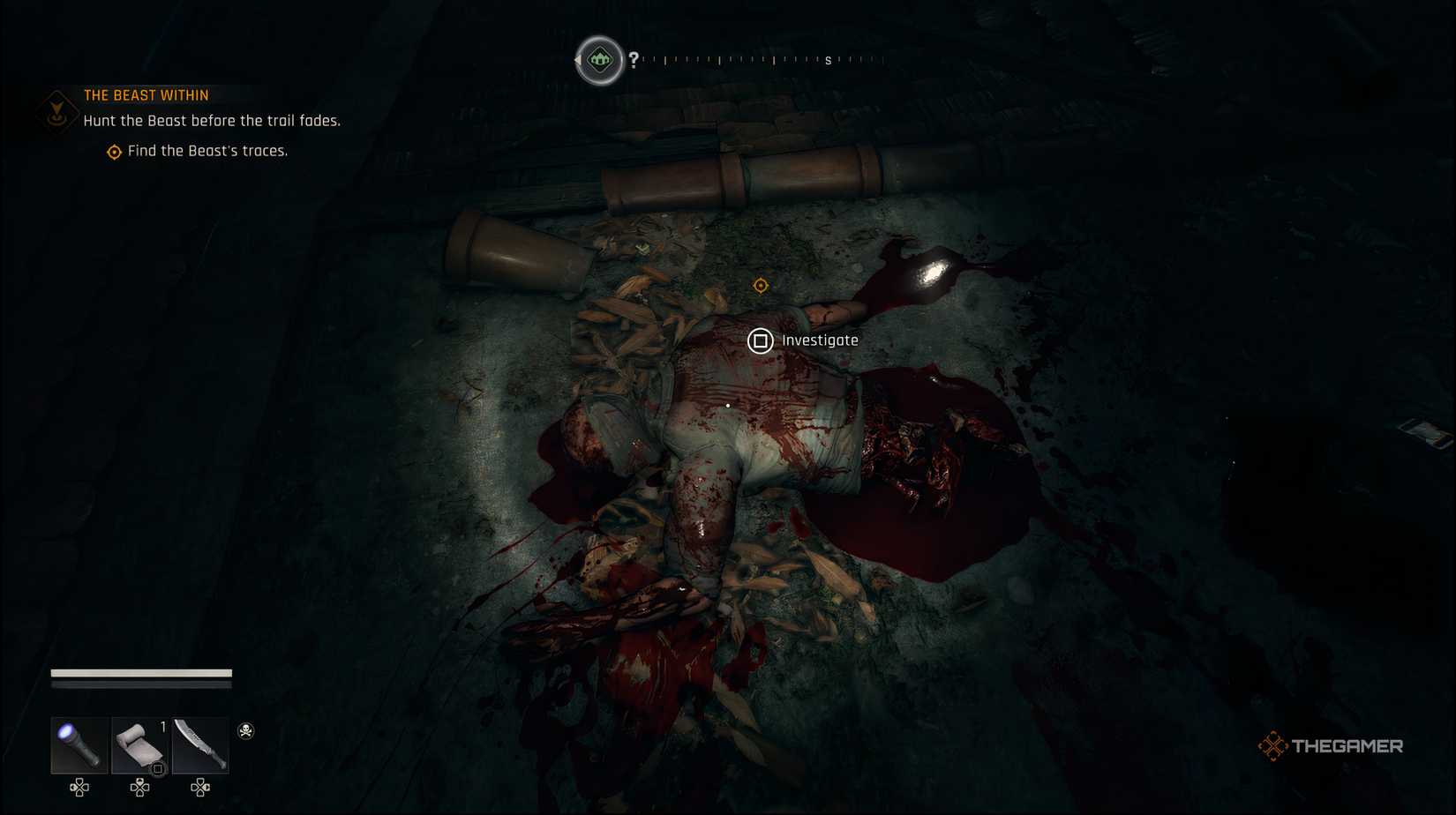 The player looking at body of one of the Baron's men in Dying Light: The Beast. There is prompt over it. 