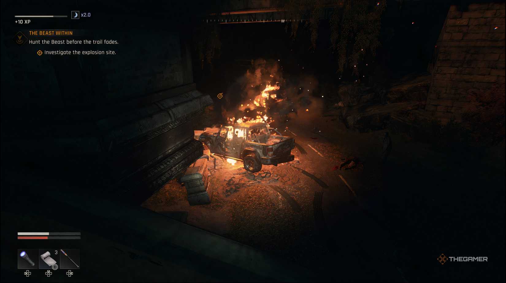 The player looking at a burning car with zombies around it in Dying Light: The Beast. 