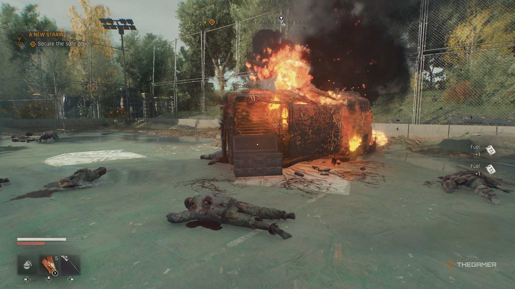 Dying Light The Beast - a car on fire.