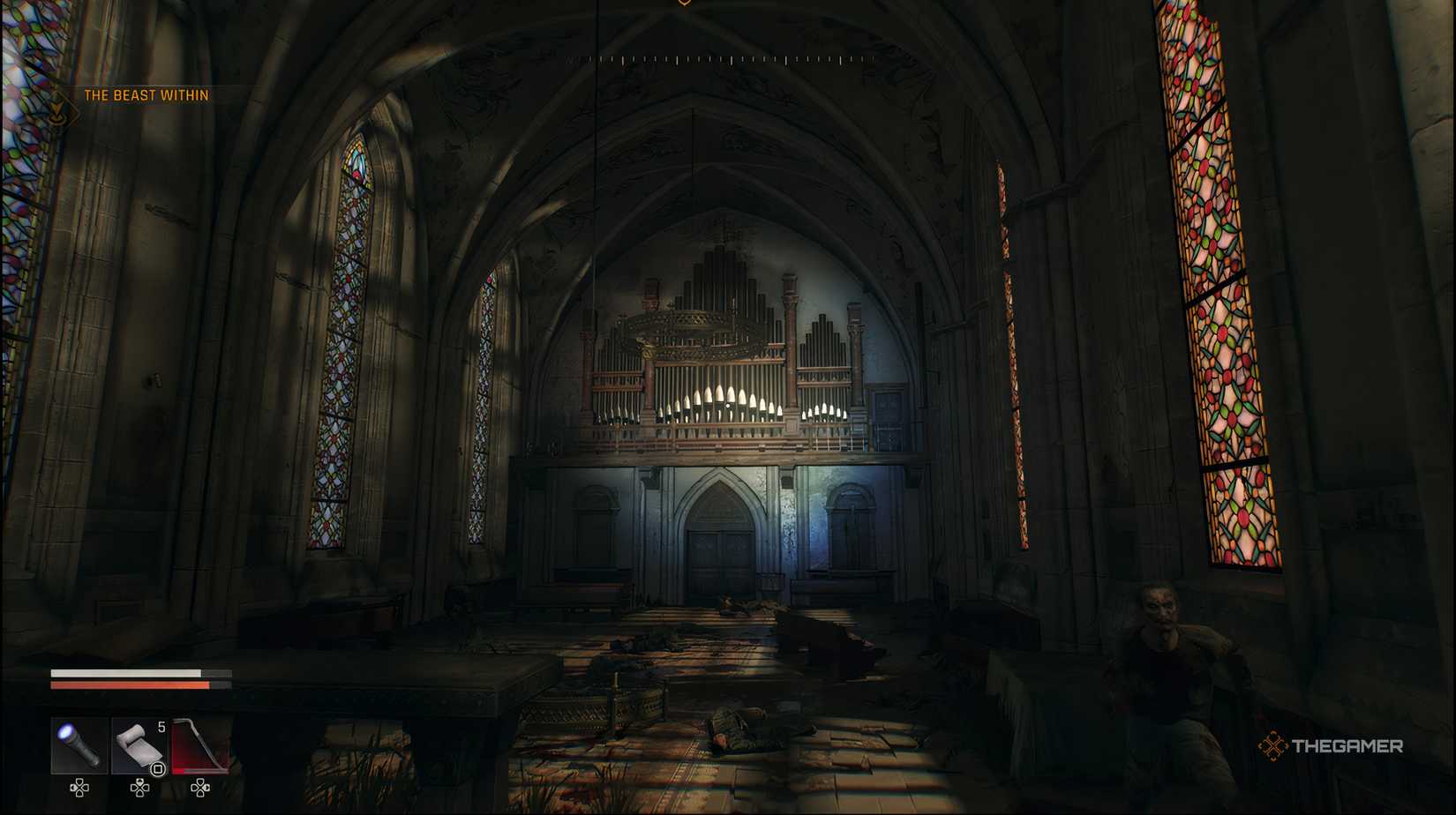 The player inside the church looking at the main organ in Dying Light: The Beast. On the bottom right there is a zombie running towards the player.