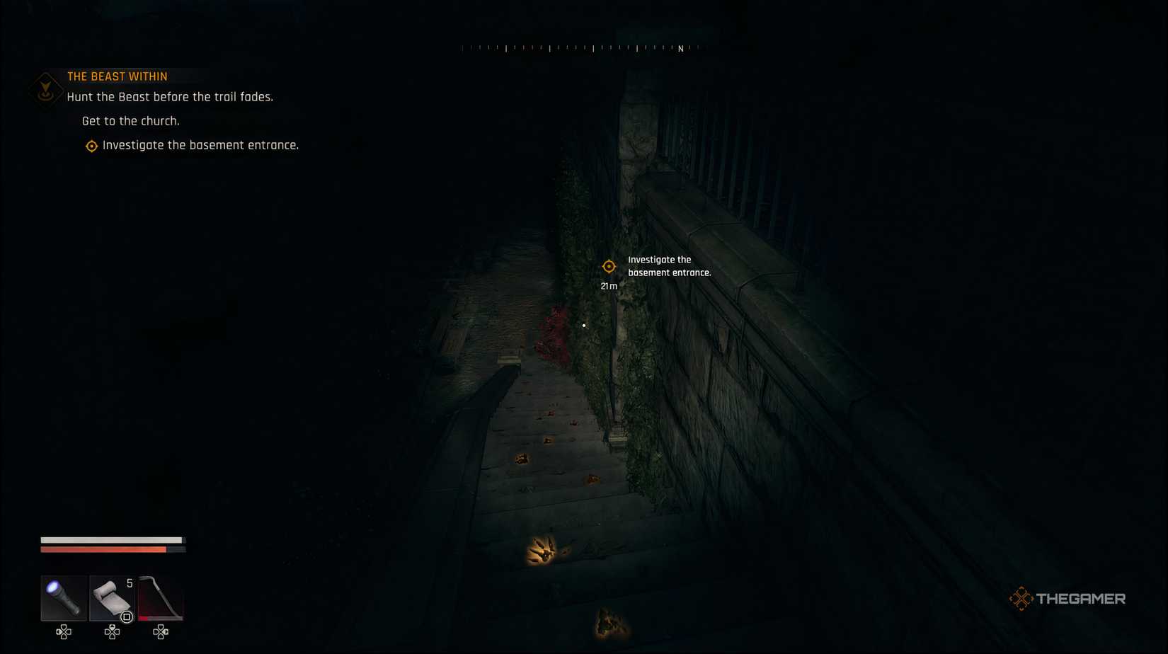The player heading down the stairs to the basement of the church in Dying Light: The Beast. There are marking on the steps showing a trail. 