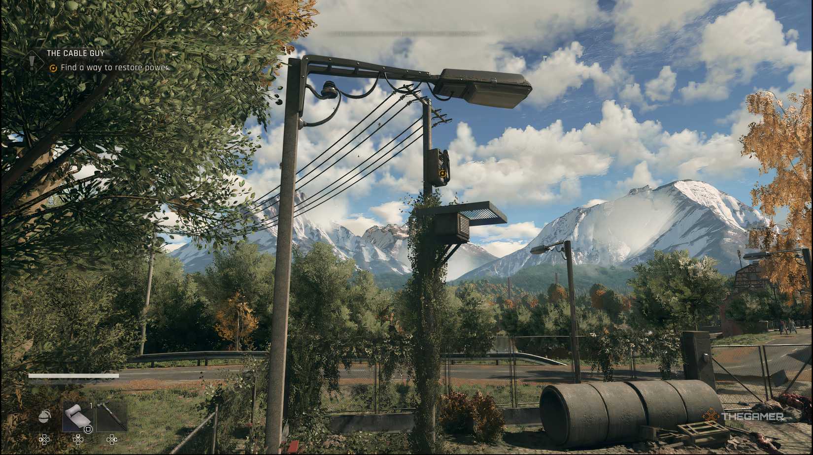The player looking at light post with a platform behind it in Dying Light: The Beast.