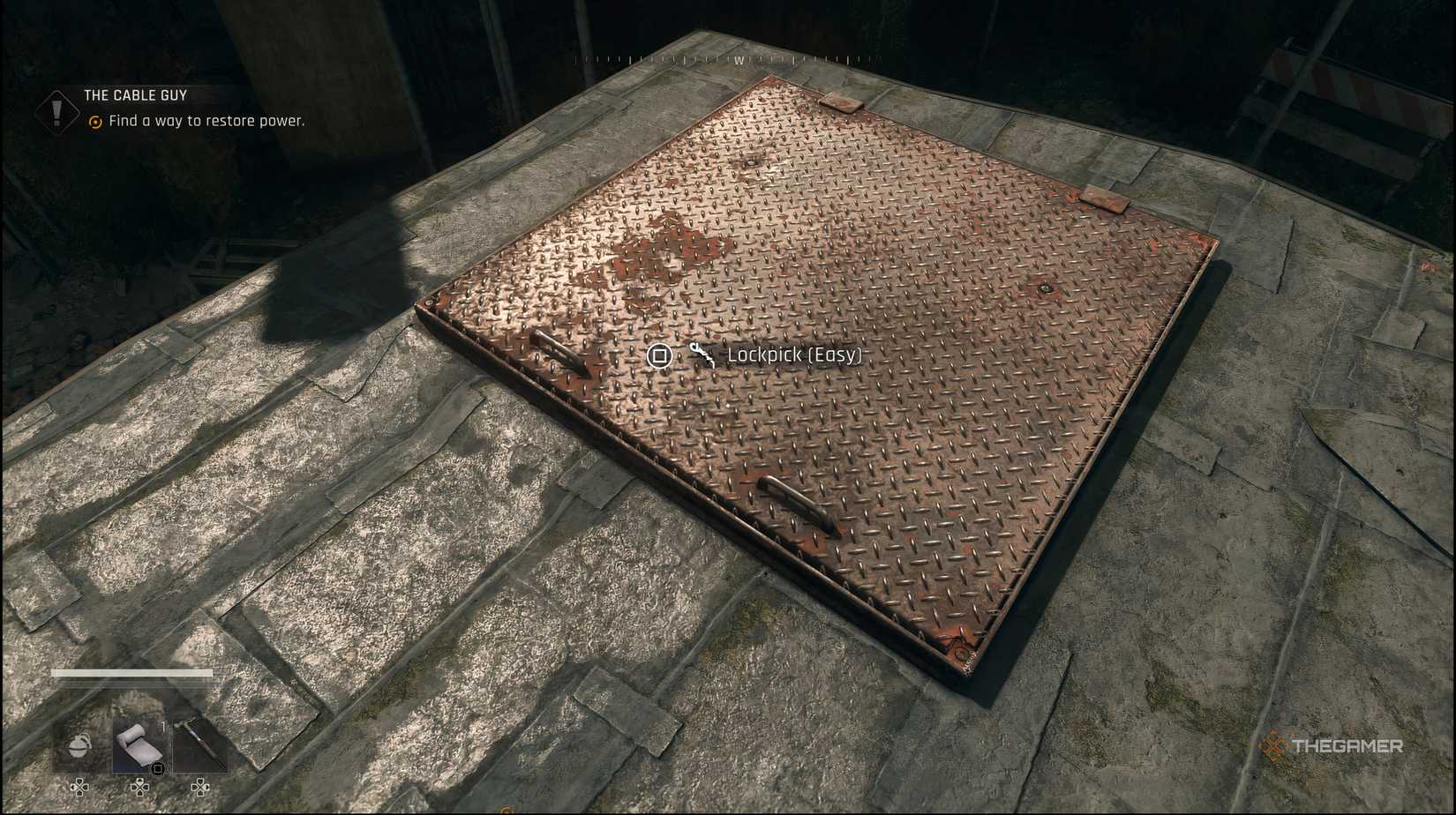 The player on top of the shack looking at a locked door in Dying Light: The Beast. There is a prompt saying Lockpick on the door.