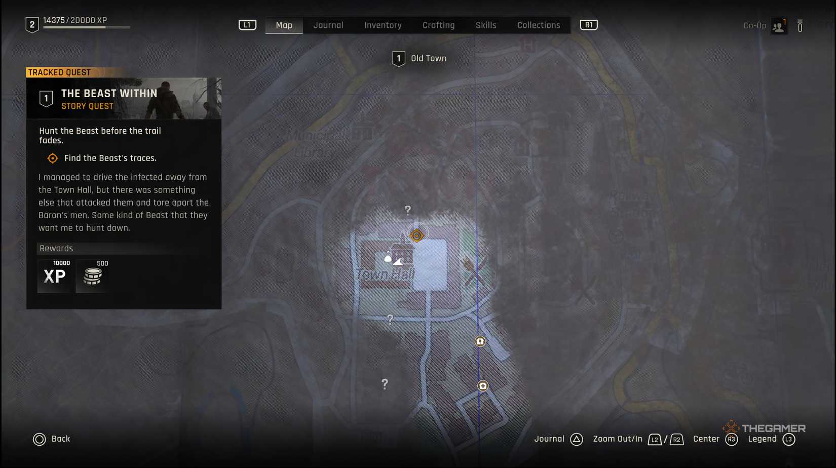The location of the Town Hall selected on the map of Dying Light: The Beast. The information card for it appears on the left. 
