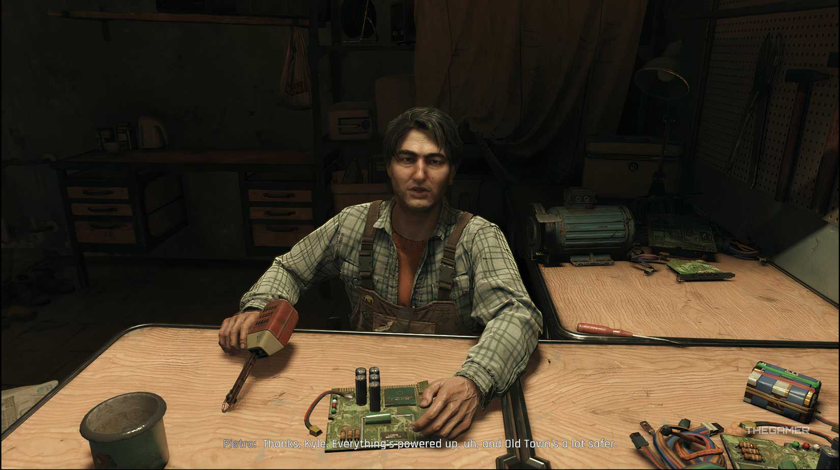 The player talking to Pietro at the Town Hall in Dying Light: The Beast.