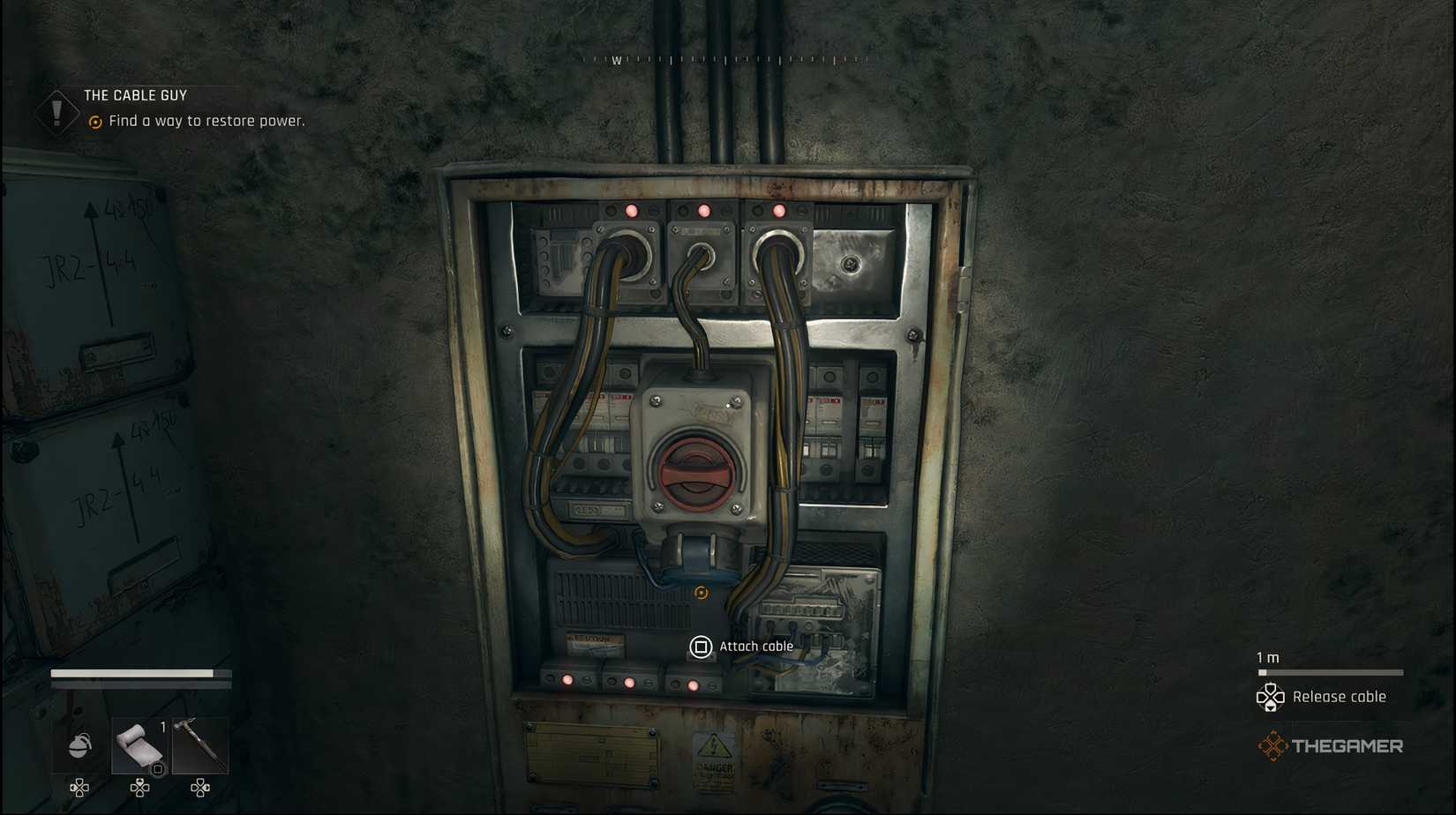 The player in the substation plugging the cable in the wall outlet in Dying Light: The Beast.