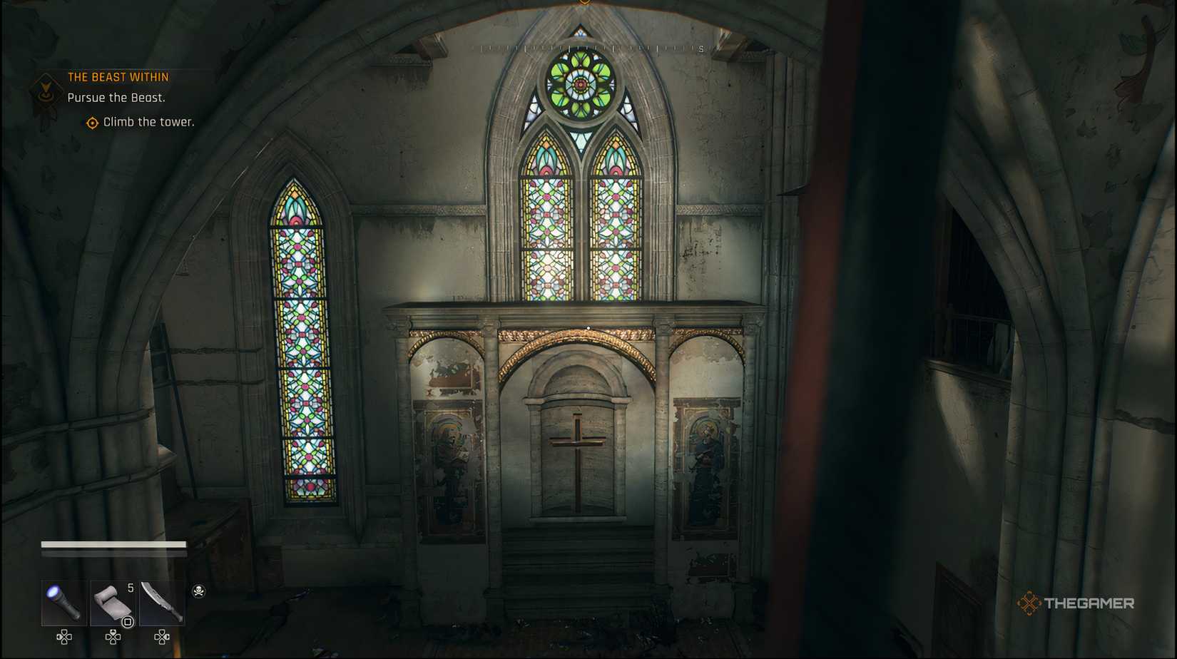 The player midair swining on the rope looking at the ledge on the otherside in Dying Light: The Beast.