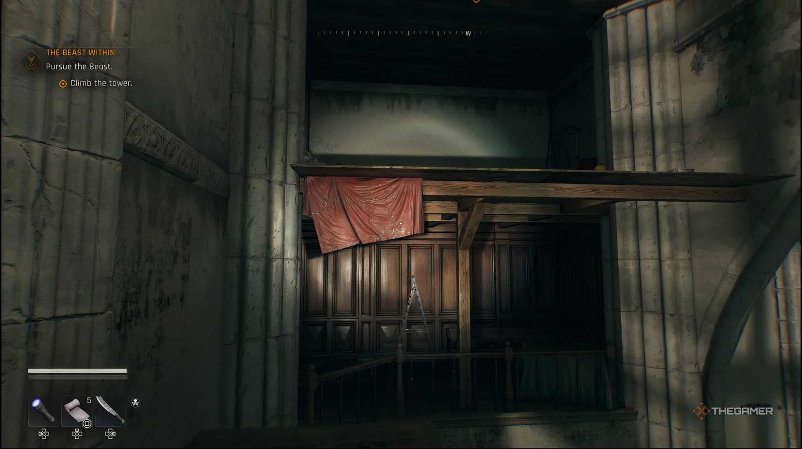 The player looking at the second wooden platfrom in Dying Light: The Beast.