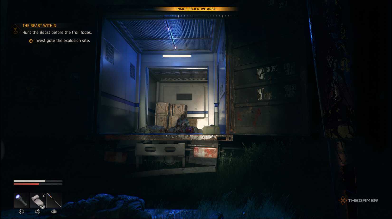 The player looking at the back of truck with purple lights omitting from the inside in Dying Light: The Beast.