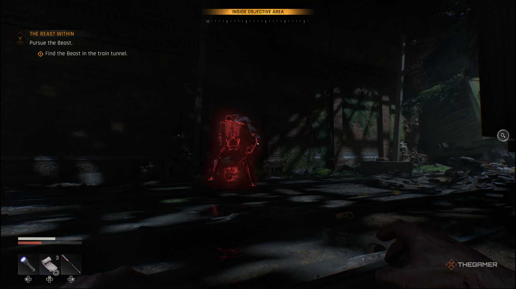 A zombie's X-Ray showing in red infront of the player in Dying Light: The Beast. 
