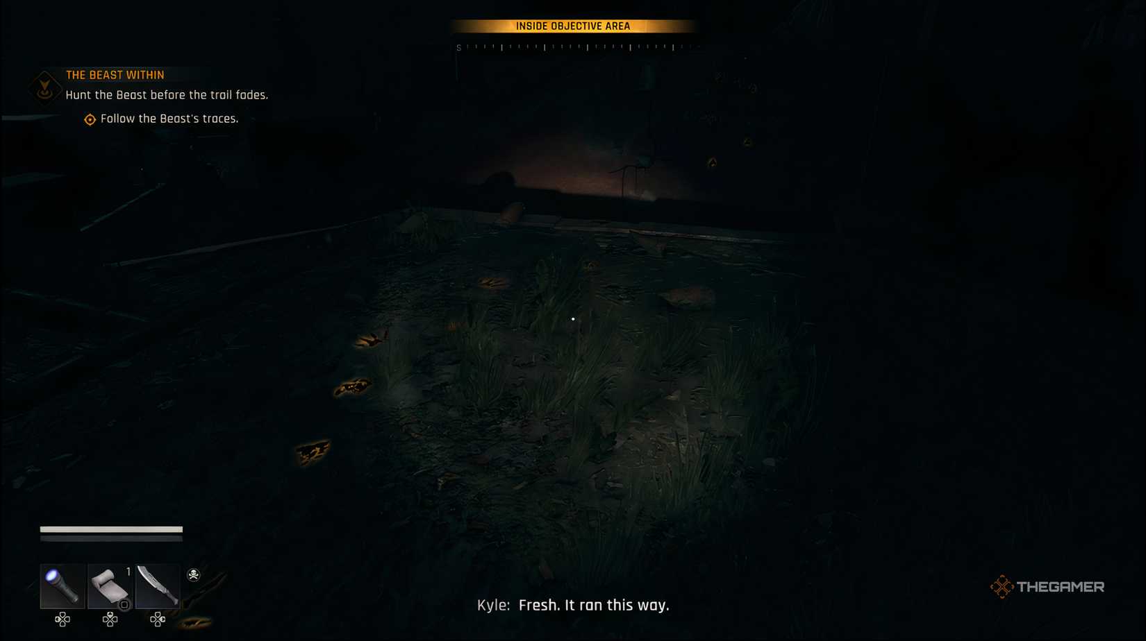 The player using their Surviour Sense to reveal the trail of the beast in Dying Light: The Beast. 