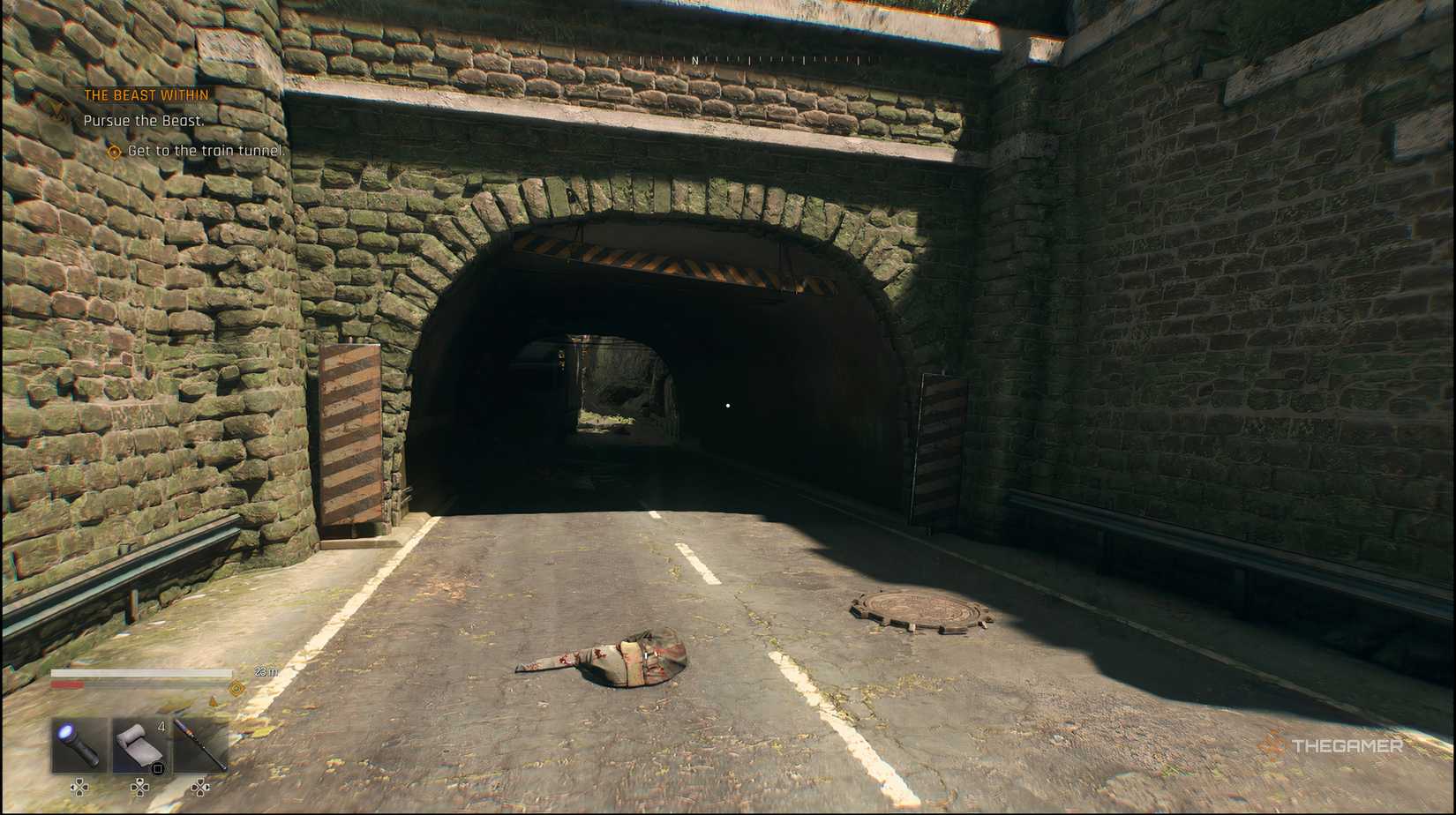 The player at the entrance of the train tunnel in Dying Light: The Beast.