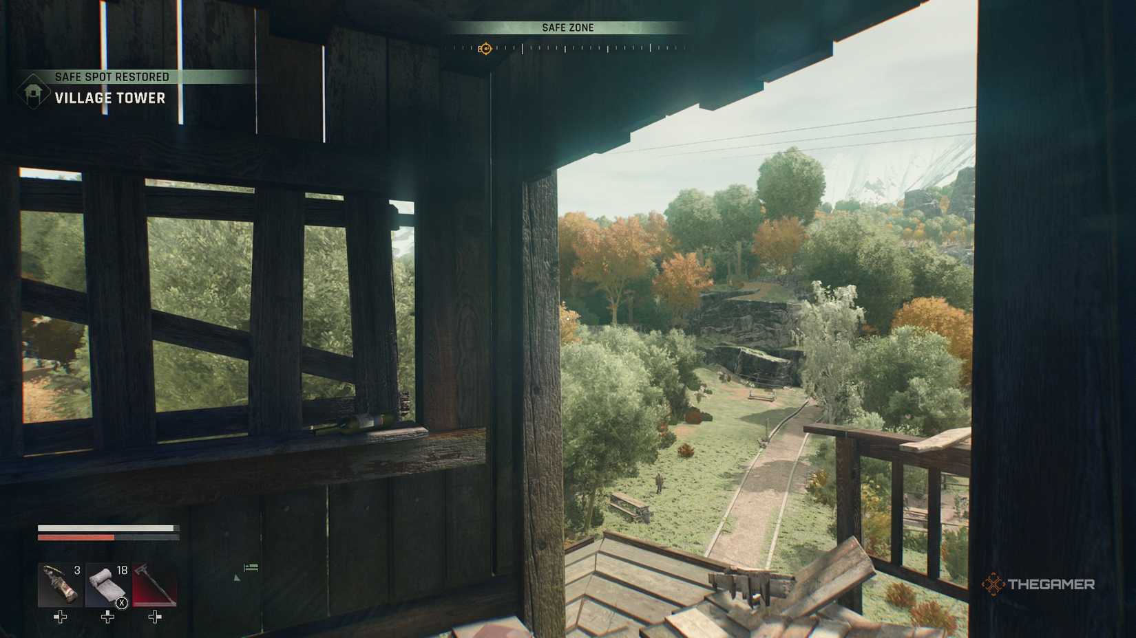 Dying Light The Beast Safe Spot overlooking trees and park.