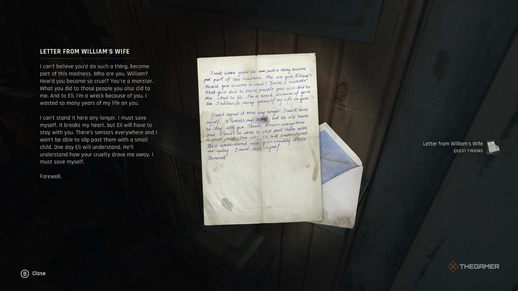 A letter from William's wife explaining why she had to leave.