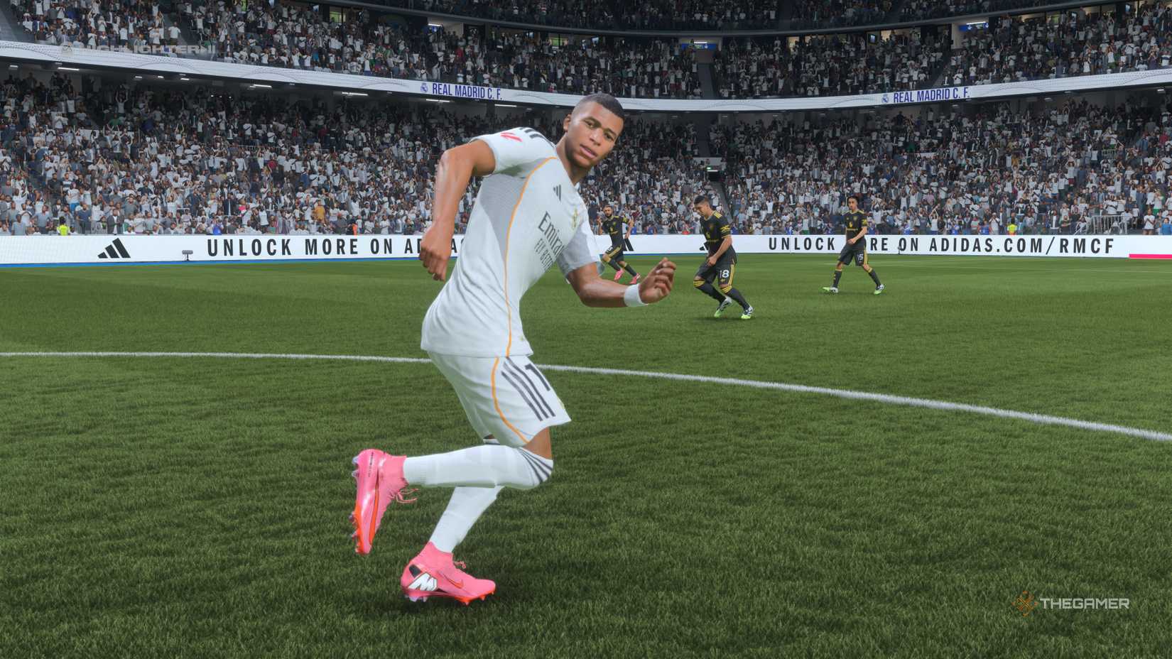 Kylian Mbappe running on the pitch in EA Sports FC 26.