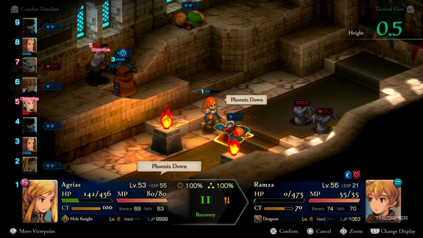 Agrias using a Phoenix Down on a fallen Ramza to pick him up instantly in Final Fantasy Tactics: The Ivalice Chronicles.
