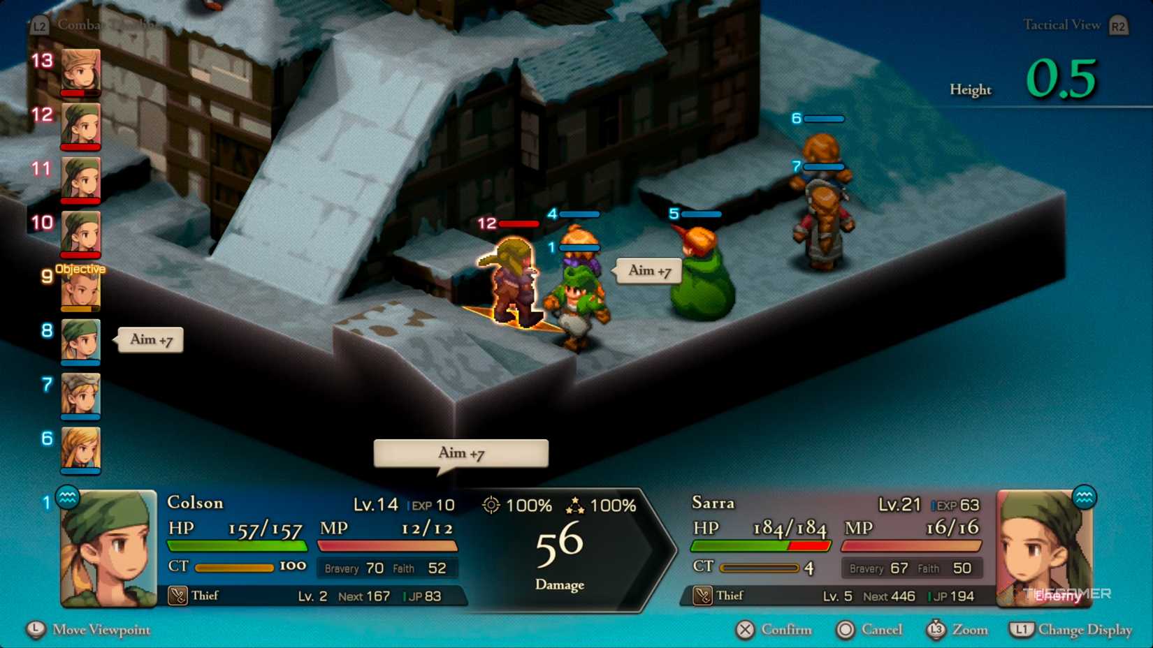 Colson, a Thief, performing his Aim +7 attack, which won't come out until the eighth turn on the Combat Timeline on the lefthand side of the screen. He's performing it on an enemy who is 12th in the Combat Timeline, guaranteeing its hit in Final Fantasy Tactics: The Ivalice Chronicles.
