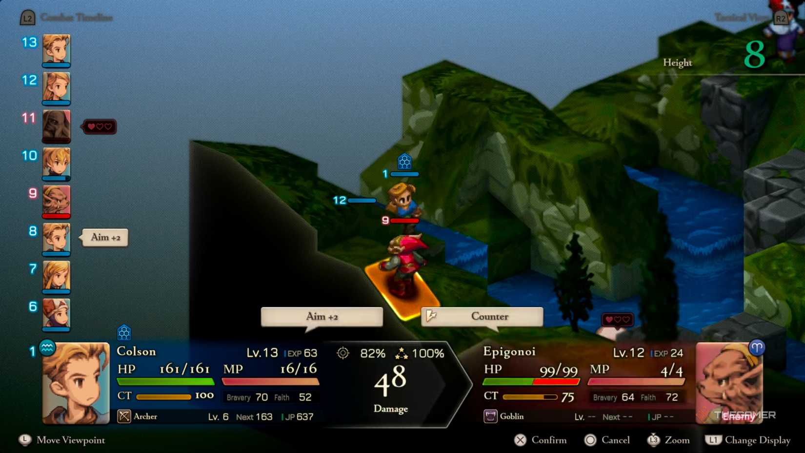 An Archer lobbing an arrow over the terrain to hit a Goblin for considerable damage in Final Fantasy Tactics: The Ivalice Chronicles.
